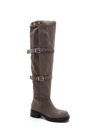 CUISSARDES FEMME À BOUCLES – TALON BLOC, EFFET DAIM GRIS