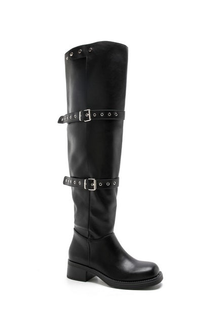 CUISSARDES FEMME À BOUCLES – TALON BLOC, EFFET CUIR NOIR