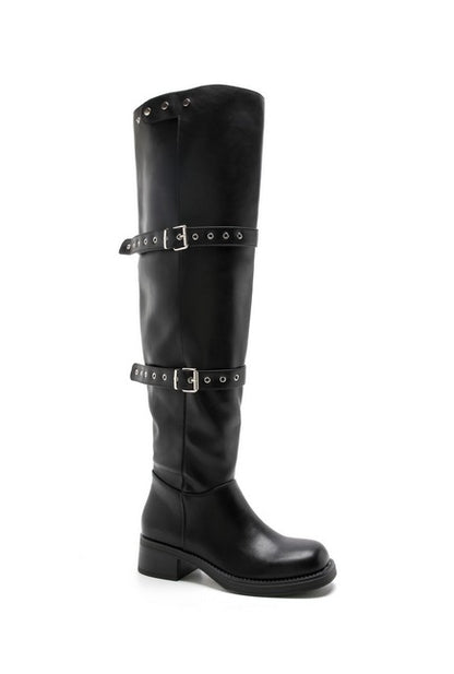 CUISSARDES FEMME À BOUCLES – TALON BLOC, EFFET CUIR NOIR