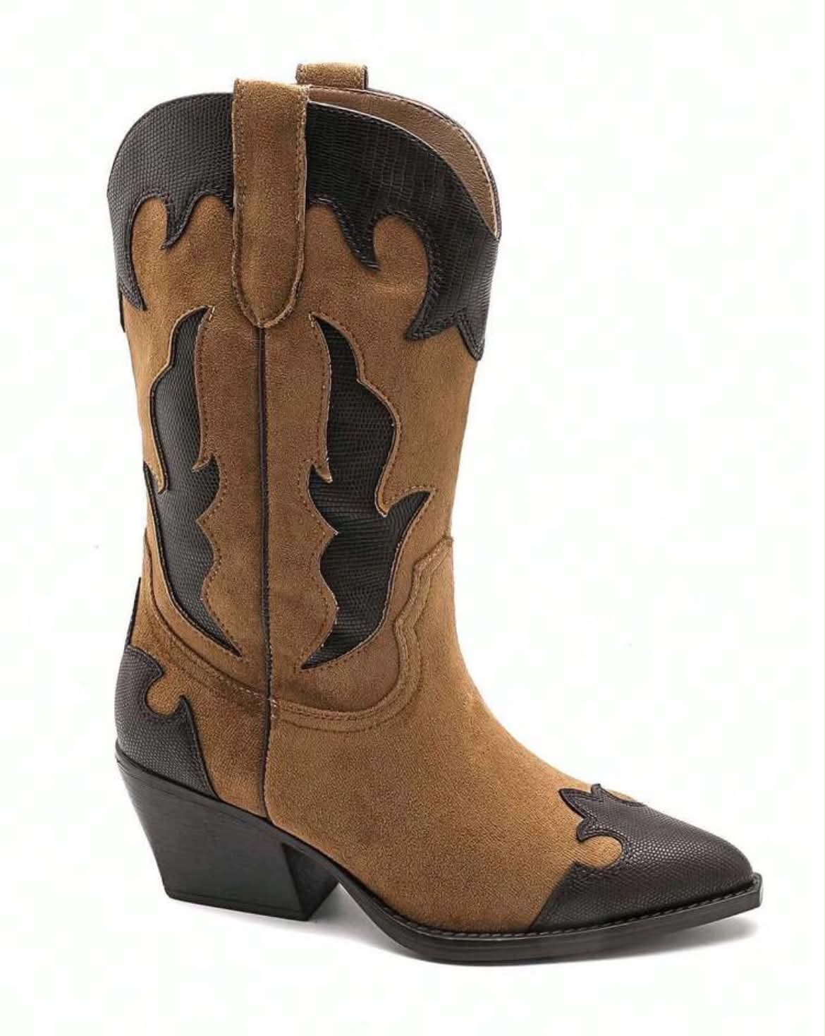 BOTTES WESTERN FEMME BICOLORES EFFET DAIM & REPTILE – CAMEL MISS STERNA
