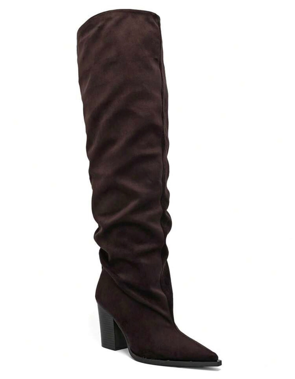 CUISSARDES SUÉDINE EFFET FROISSÉ BOUT POINTU TALON BLOC – MISS WILLOW CHOCO