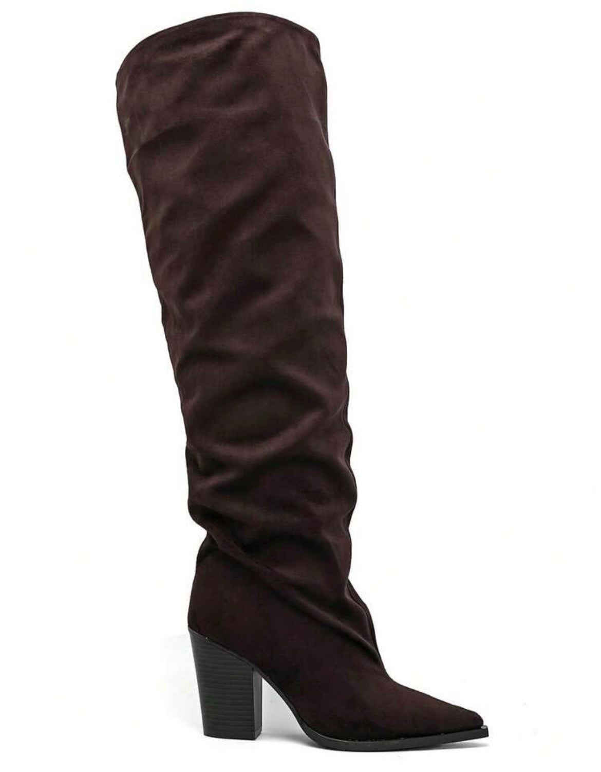 CUISSARDES SUÉDINE EFFET FROISSÉ BOUT POINTU TALON BLOC – MISS WILLOW CHOCO