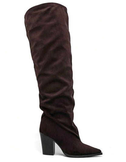CUISSARDES SUÉDINE EFFET FROISSÉ BOUT POINTU TALON BLOC – MISS WILLOW CHOCO