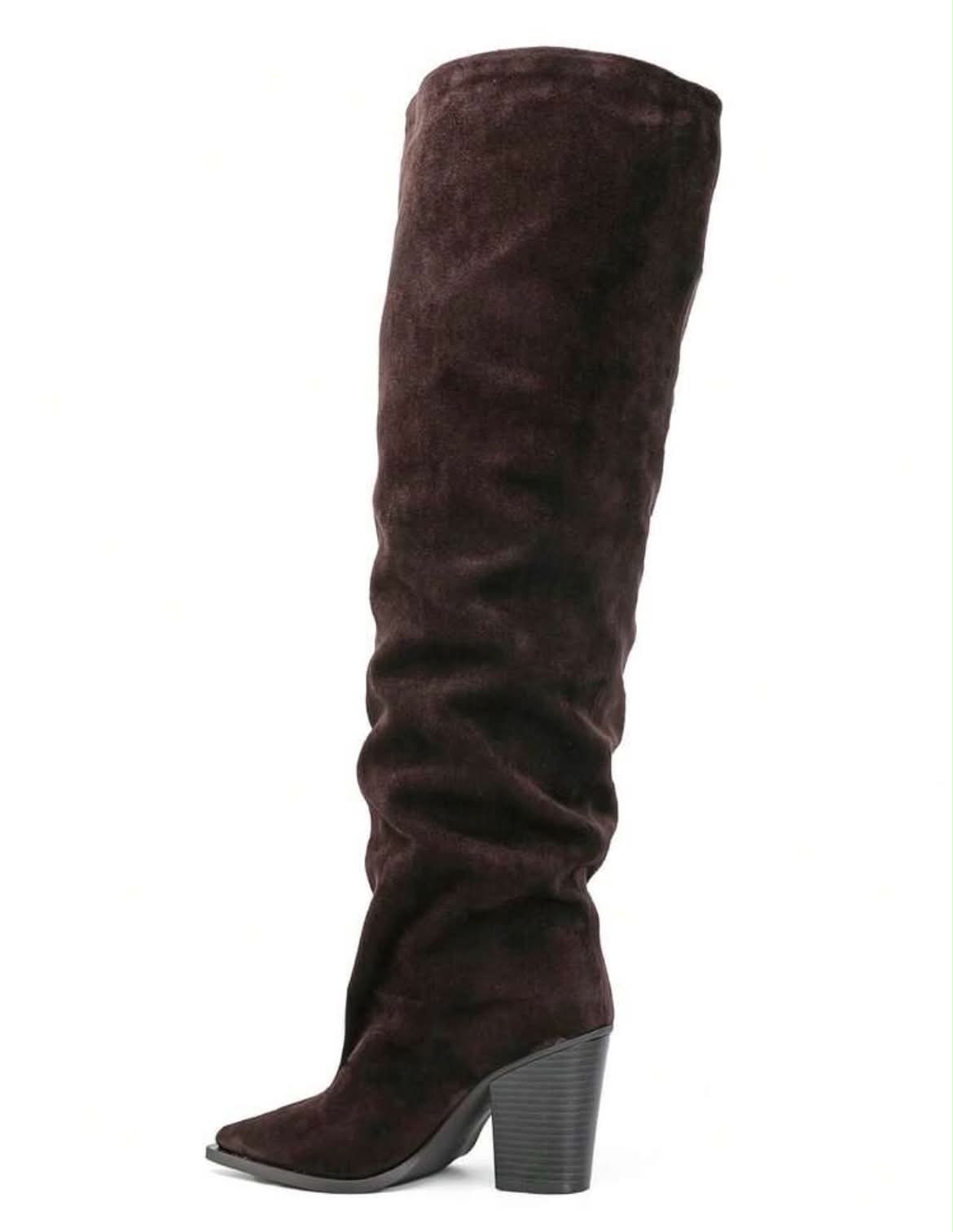 CUISSARDES SUÉDINE EFFET FROISSÉ BOUT POINTU TALON BLOC – MISS WILLOW CHOCO