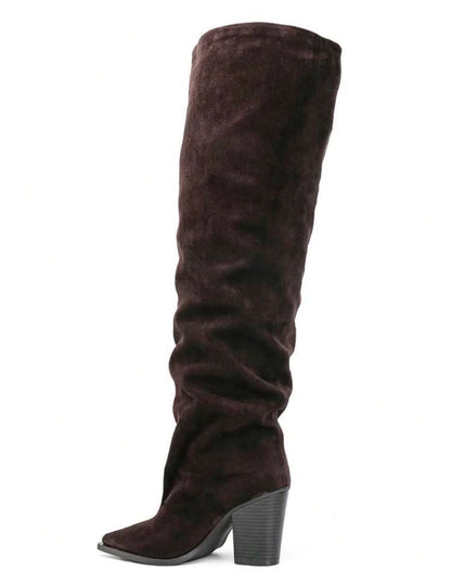 CUISSARDES SUÉDINE EFFET FROISSÉ BOUT POINTU TALON BLOC – MISS WILLOW CHOCO