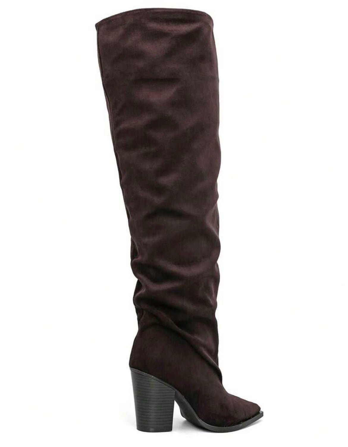 CUISSARDES SUÉDINE EFFET FROISSÉ BOUT POINTU TALON BLOC – MISS WILLOW CHOCO