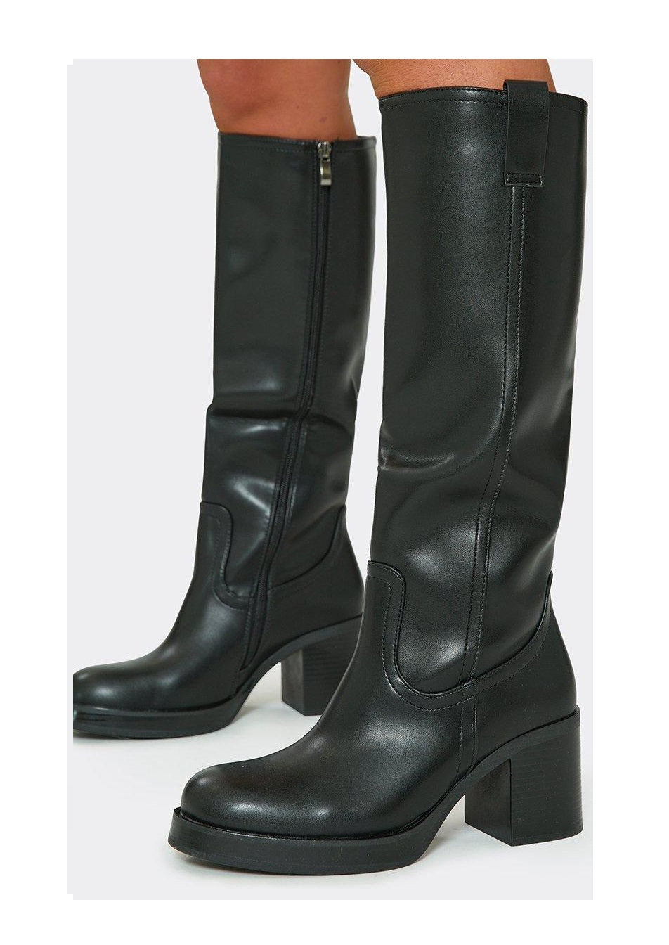 BOTTES SIMILI CUIR NOIR TALON PLATEFORME BOUT CARRÉ ZIP APPARENT – MISS MAYRA