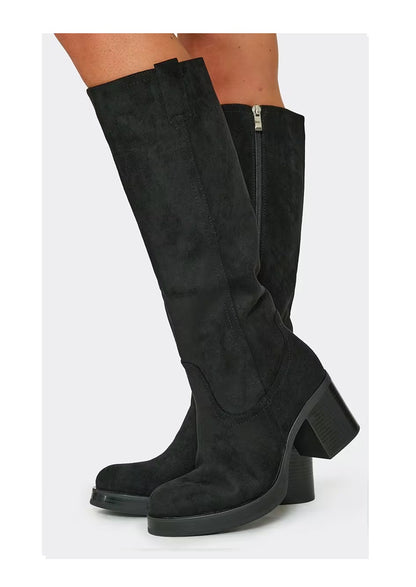 BOTTES SUÉDINE NOIR TALON PLATEFORME BOUT CARRÉ ZIP APPARENT – MISS MAYRA