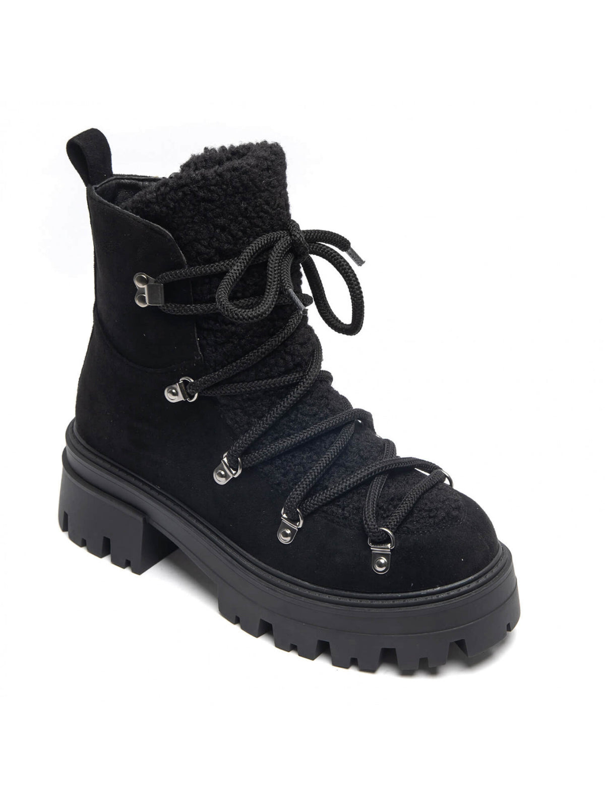 BOOTS SIMILI DAIM NOIR FAUSSE FOURRURE BOUCLÉE LACETS SEMELLE PLATEFORME MISS SHERPA