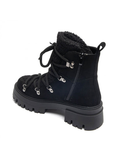 BOOTS SIMILI DAIM NOIR FAUSSE FOURRURE BOUCLÉE LACETS SEMELLE PLATEFORME MISS SHERPA