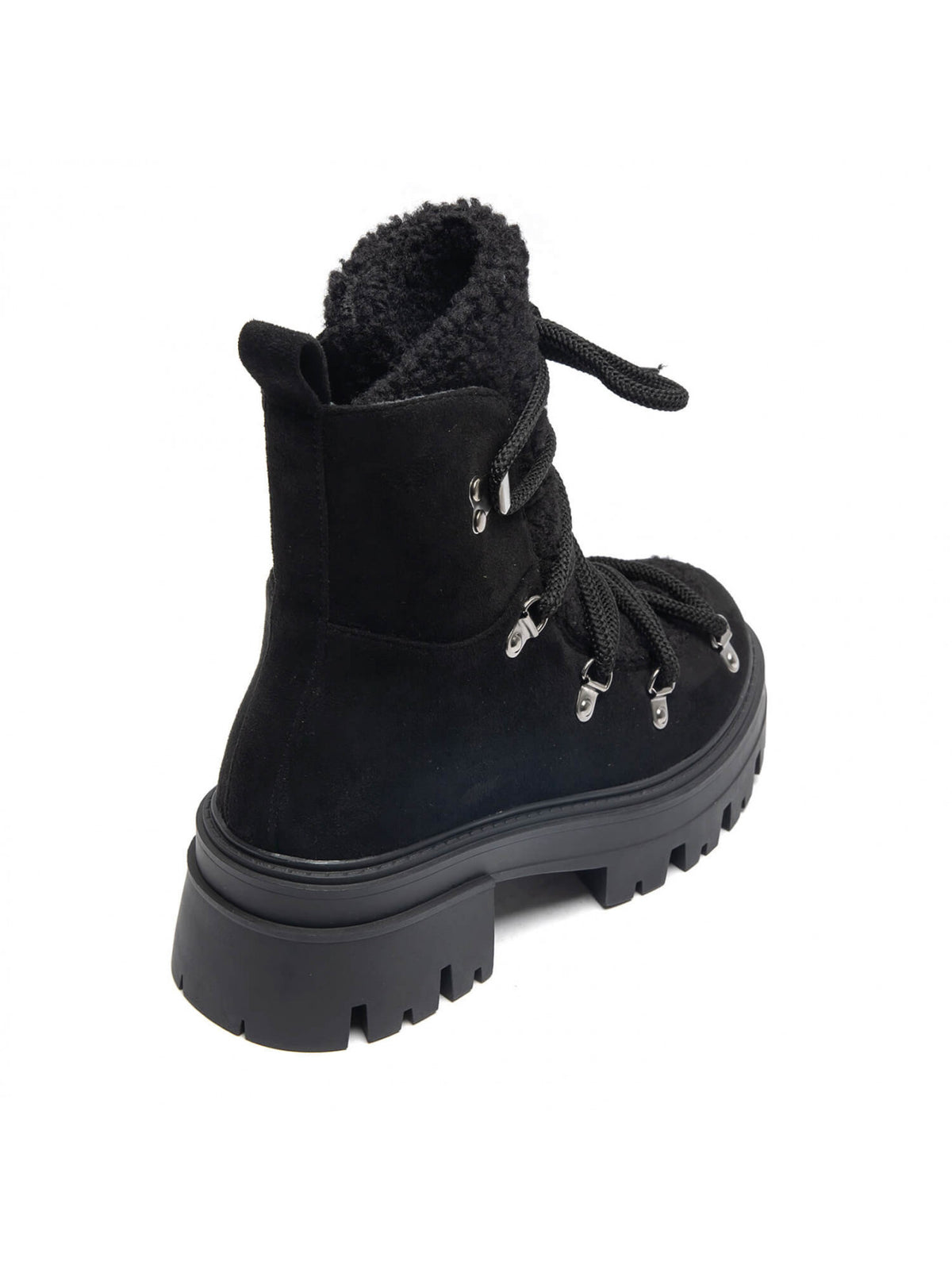 BOOTS SIMILI DAIM NOIR FAUSSE FOURRURE BOUCLÉE LACETS SEMELLE PLATEFORME MISS SHERPA