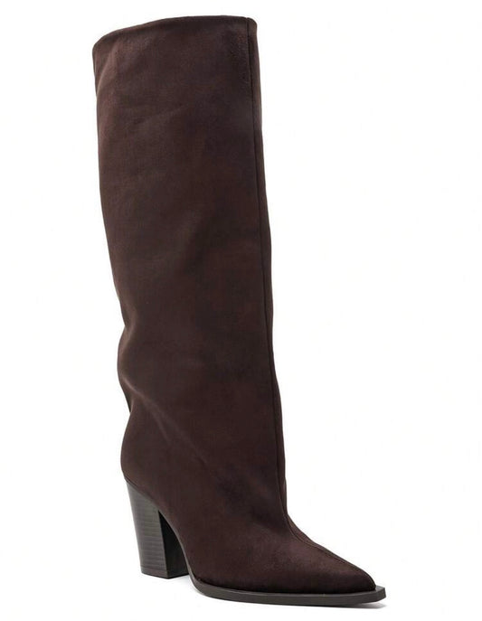 BOTTES HAUTES SUÉDINE BOUT POINTU TALON BLOC – MISS ABIGAIL DARK BROWN