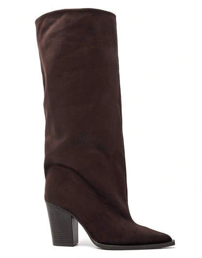 BOTTES HAUTES SUÉDINE BOUT POINTU TALON BLOC – MISS ABIGAIL DARK BROWN