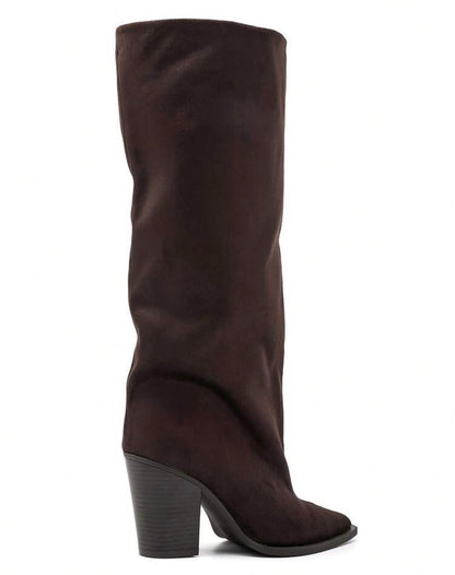 BOTTES HAUTES SUÉDINE BOUT POINTU TALON BLOC – MISS ABIGAIL DARK BROWN