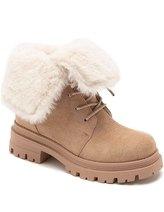 BOTTINES FOURRÉES FEMME À LACETS EFFET DAIM – CAMEL MISS ALONA