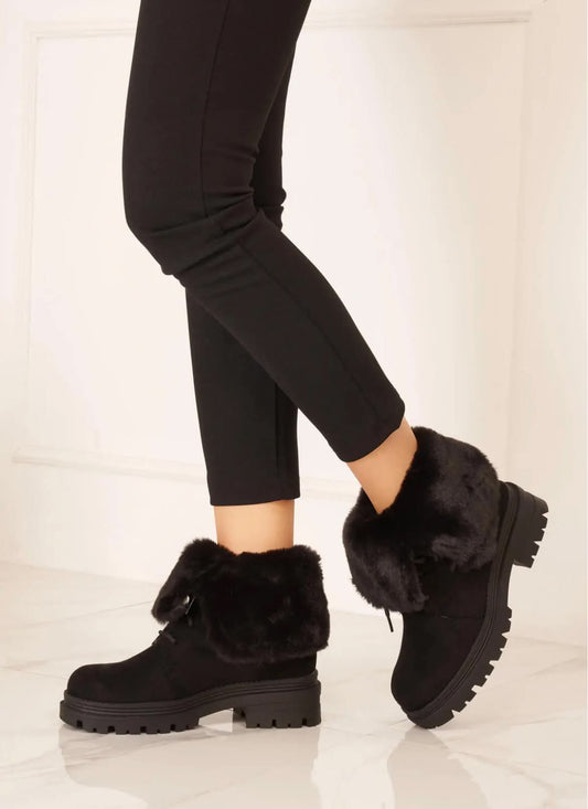 BOTTINES FOURRÉES FEMME À LACETS EFFET DAIM – NOIR MISS ALONA