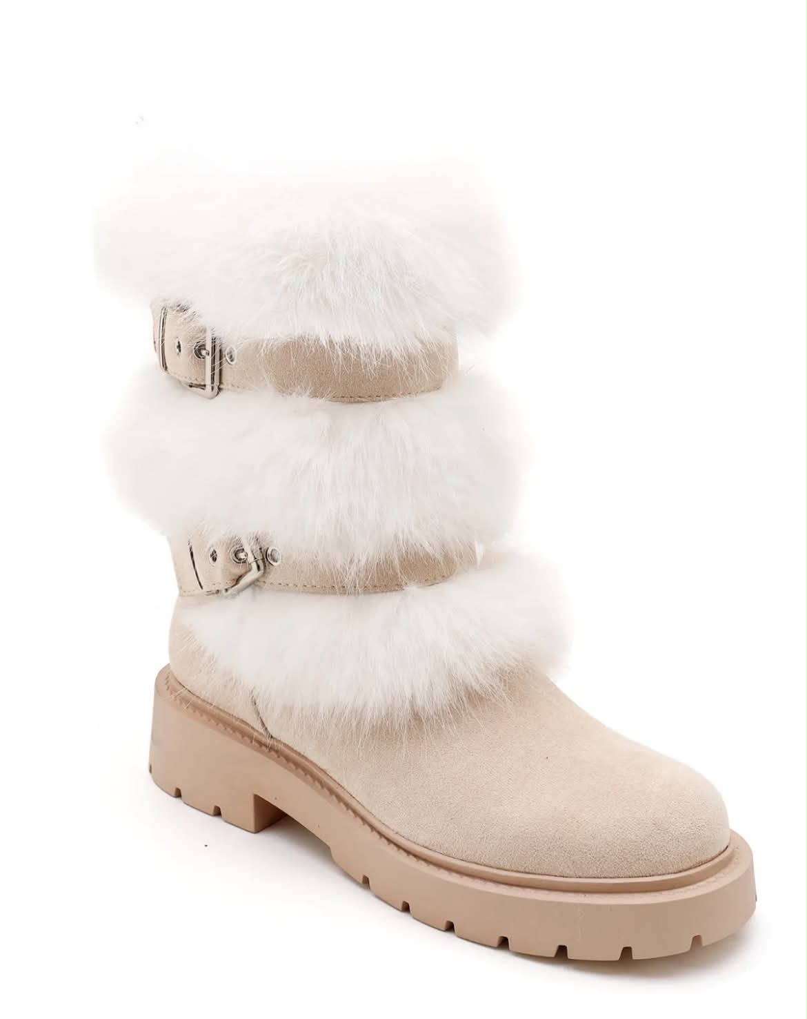 BOTTES FOURRÉES FEMME À BOUCLES EFFET DAIM – BEIGE & BLANC MISS SIENNA