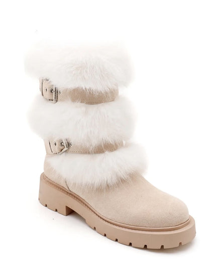 BOTTES FOURRÉES FEMME À BOUCLES EFFET DAIM – BEIGE & BLANC MISS SIENNA
