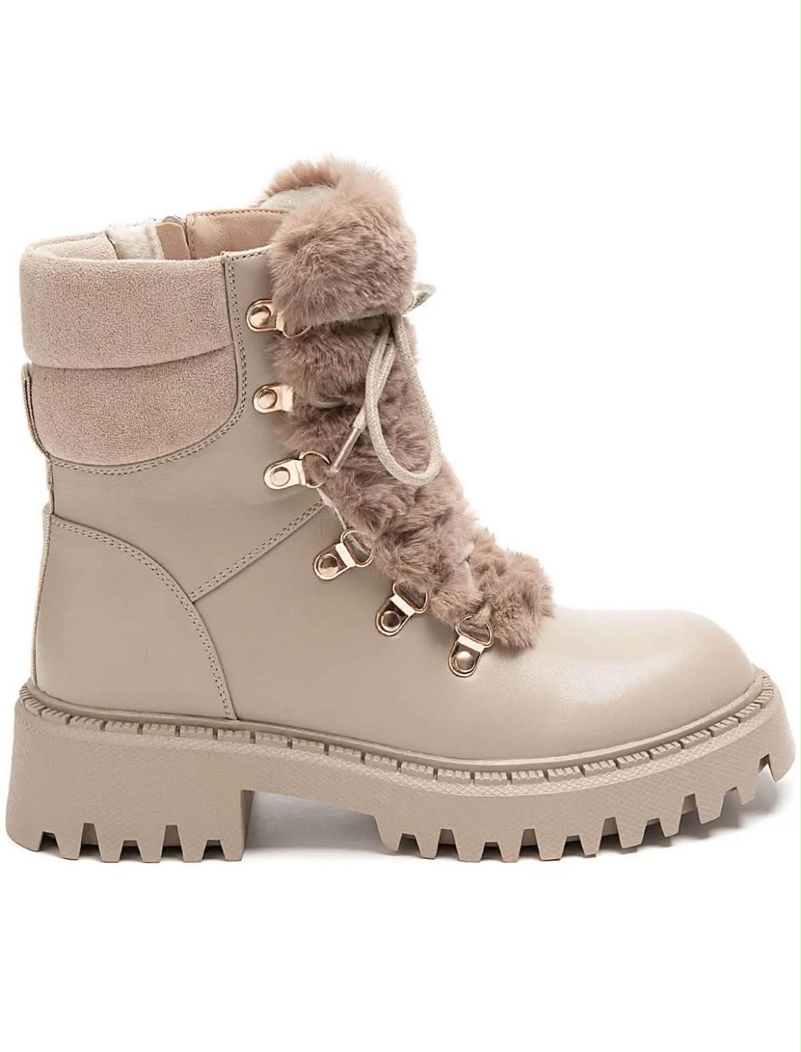 BOOTS SIMILICUIR BEIGE FAUSSE FOURRURE LACETS SEMELLE CRANTÉE – MISSKCY
