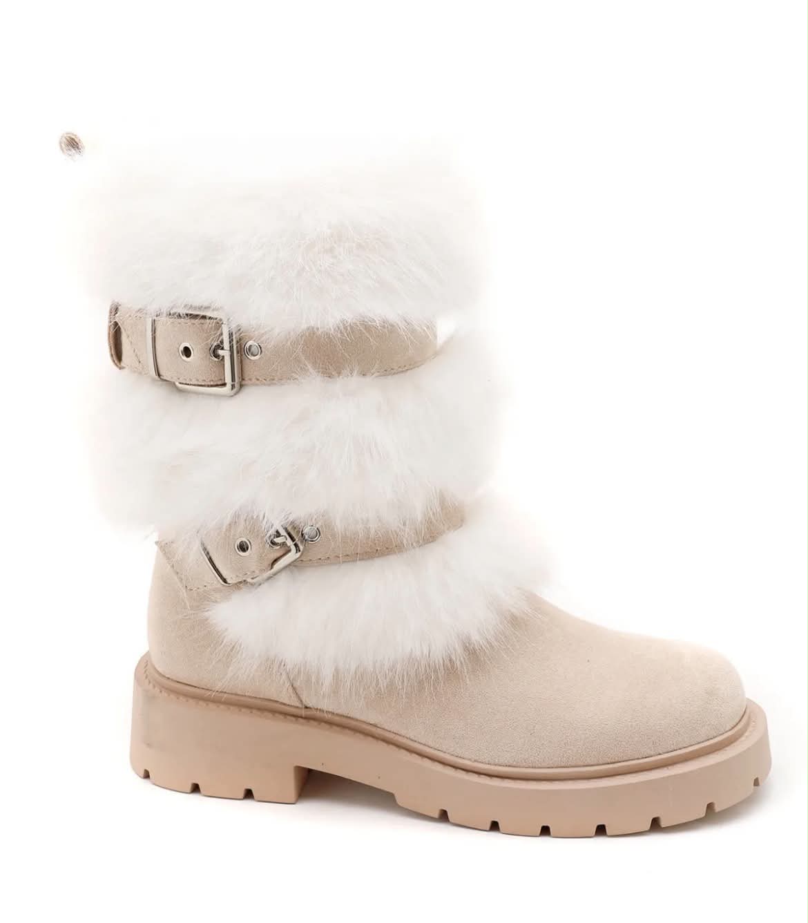 BOTTES FOURRÉES FEMME À BOUCLES EFFET DAIM – BEIGE & BLANC MISS SIENNA