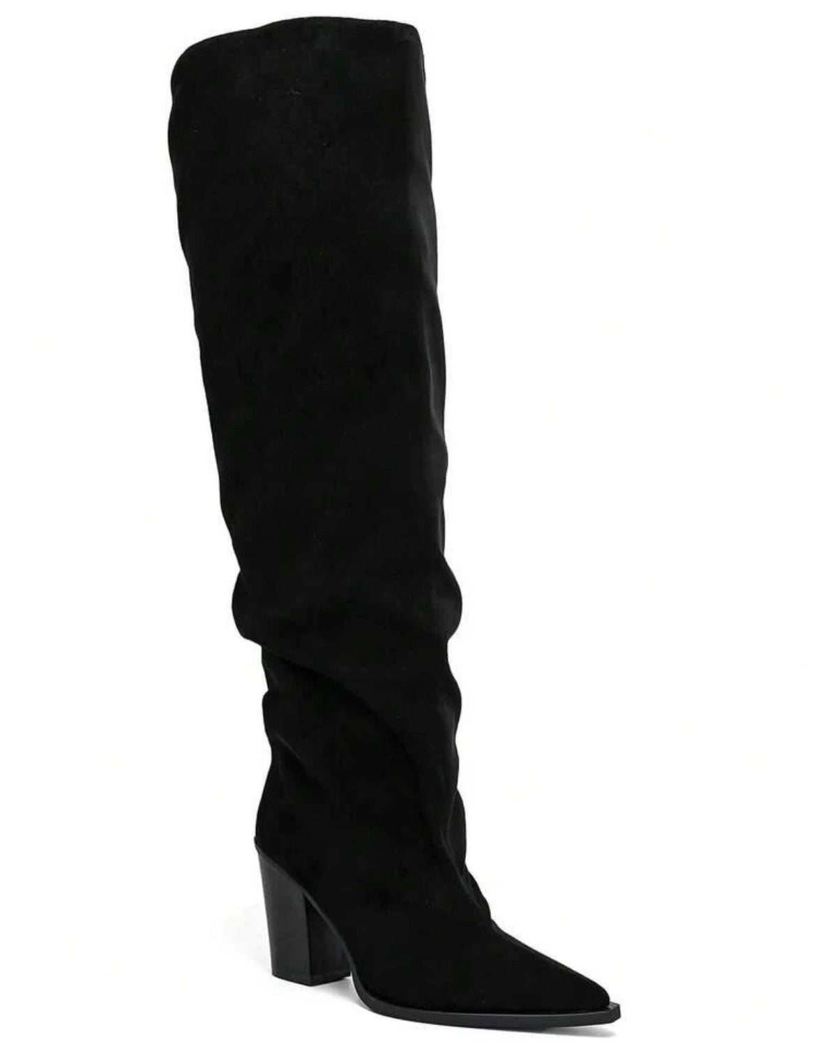 CUISSARDES SUÉDINE EFFET FROISSÉ BOUT POINTU TALON BLOC – MISS WILLOW NOIR