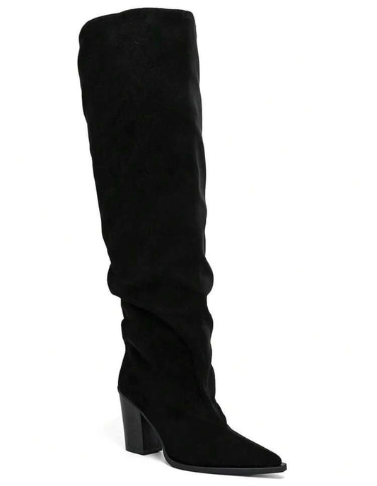 CUISSARDES SUÉDINE EFFET FROISSÉ BOUT POINTU TALON BLOC – MISS WILLOW NOIR