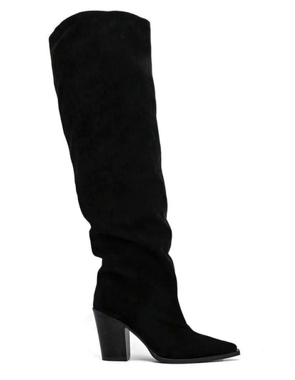 CUISSARDES SUÉDINE EFFET FROISSÉ BOUT POINTU TALON BLOC – MISS WILLOW NOIR
