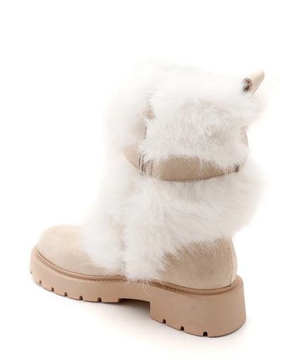 BOTTES FOURRÉES FEMME À BOUCLES EFFET DAIM – BEIGE & BLANC MISS SIENNA