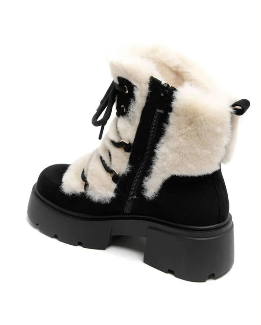 BOOTS SIMILI DAIM NOIR FAUSSE FOURRURE BLANCHE LACETS SEMELLE PLATEFORME – MISSKCY
