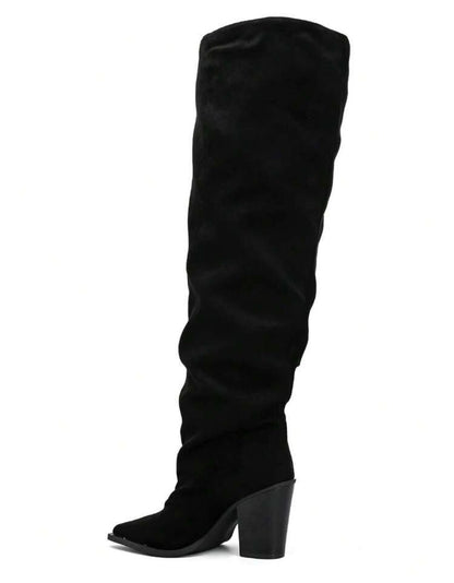CUISSARDES SUÉDINE EFFET FROISSÉ BOUT POINTU TALON BLOC – MISS WILLOW NOIR