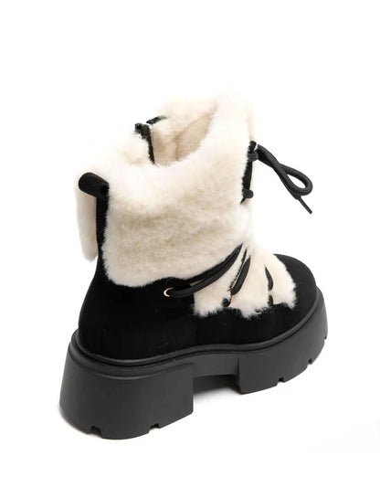 BOOTS SIMILI DAIM NOIR FAUSSE FOURRURE BLANCHE LACETS SEMELLE PLATEFORME – MISSKCY