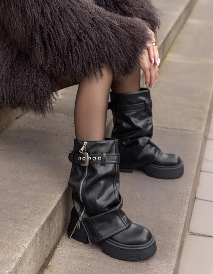 BOTTES PLATEFORME FEMME À REVERS ZIPPÉ & BOUCLE – NOIR MISS FOLY