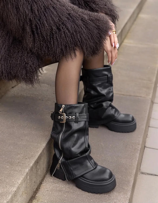 BOTTES PLATEFORME FEMME À REVERS ZIPPÉ & BOUCLE – NOIR MISS FOLY