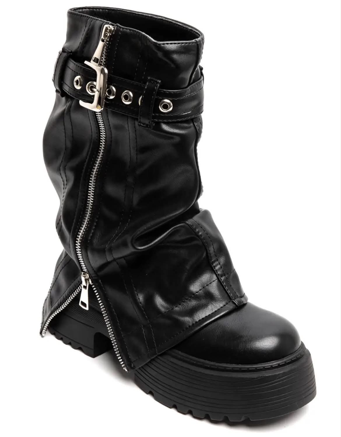 BOTTES PLATEFORME FEMME À REVERS ZIPPÉ & BOUCLE – NOIR MISS FOLY