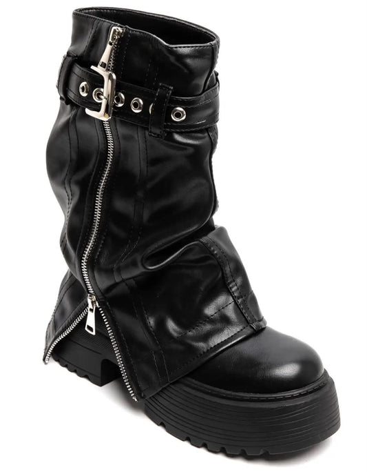 BOTTES PLATEFORME FEMME À REVERS ZIPPÉ & BOUCLE – NOIR MISS FOLY