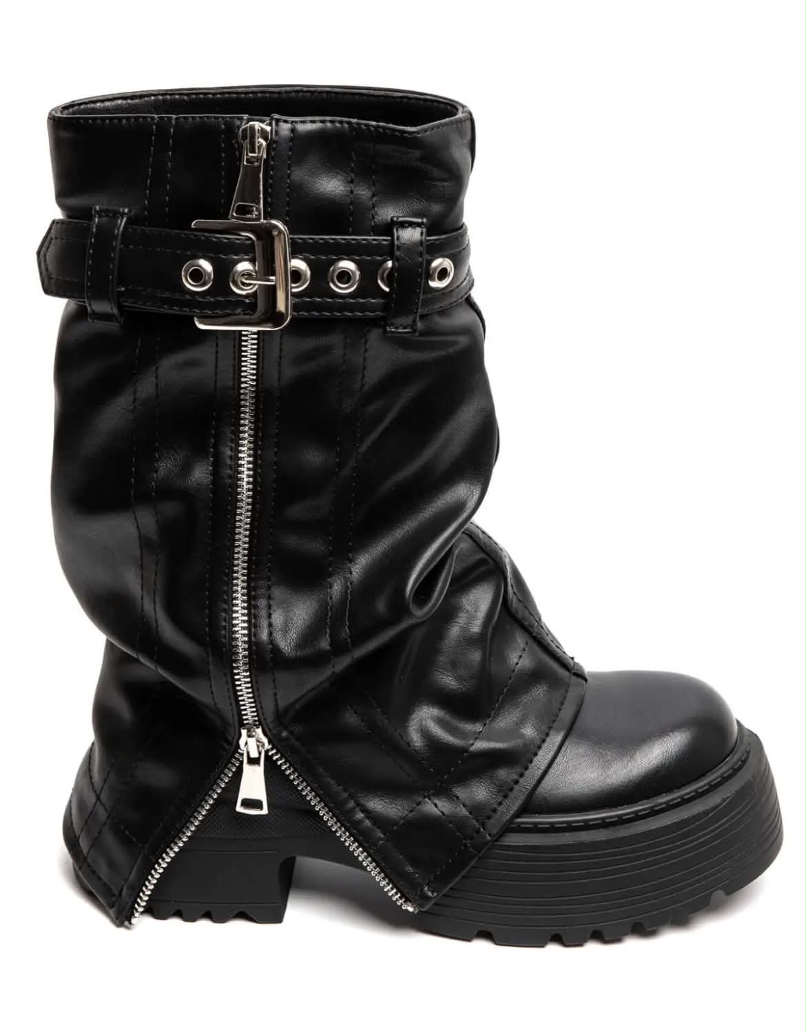 BOTTES PLATEFORME FEMME À REVERS ZIPPÉ & BOUCLE – NOIR MISS FOLY