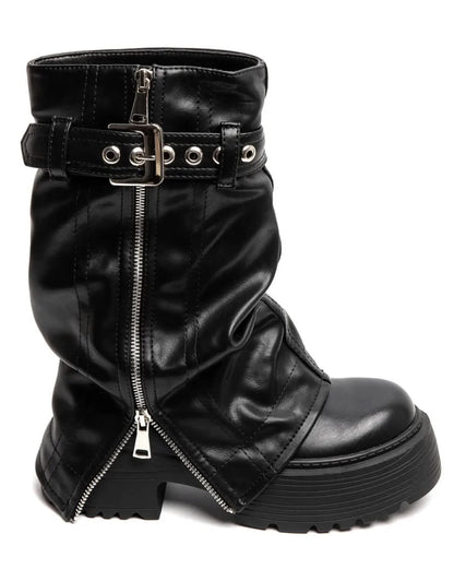 BOTTES PLATEFORME FEMME À REVERS ZIPPÉ & BOUCLE – NOIR MISS FOLY