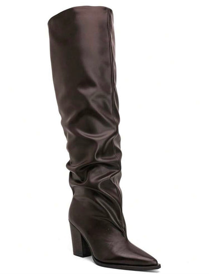 CUISSARDES SIMILI CUIR EFFET FROISSÉ BOUT POINTU TALON BLOC – MISS WILLOW MARRON