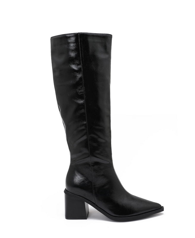 BOTTES HAUTES NOIRES EFFET VERNI FROISSÉ – BOUT POINTU & TALON CARRÉ MISS JONAH