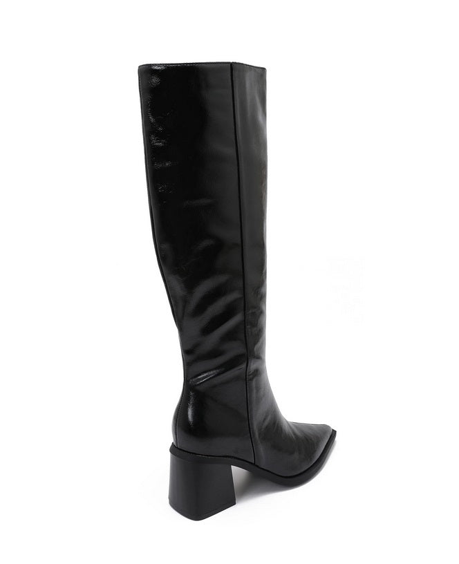 BOTTES HAUTES NOIRES EFFET VERNI FROISSÉ – BOUT POINTU & TALON CARRÉ MISS JONAH