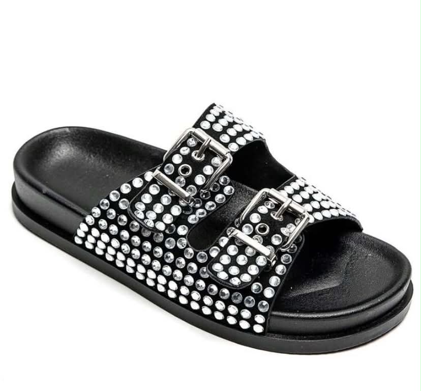 Mules à Strass et Boucles Ajustables – Élégance & Confort Noir