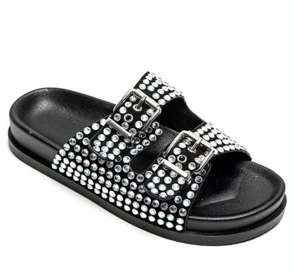 Mules à Strass et Boucles Ajustables – Élégance & Confort Noir