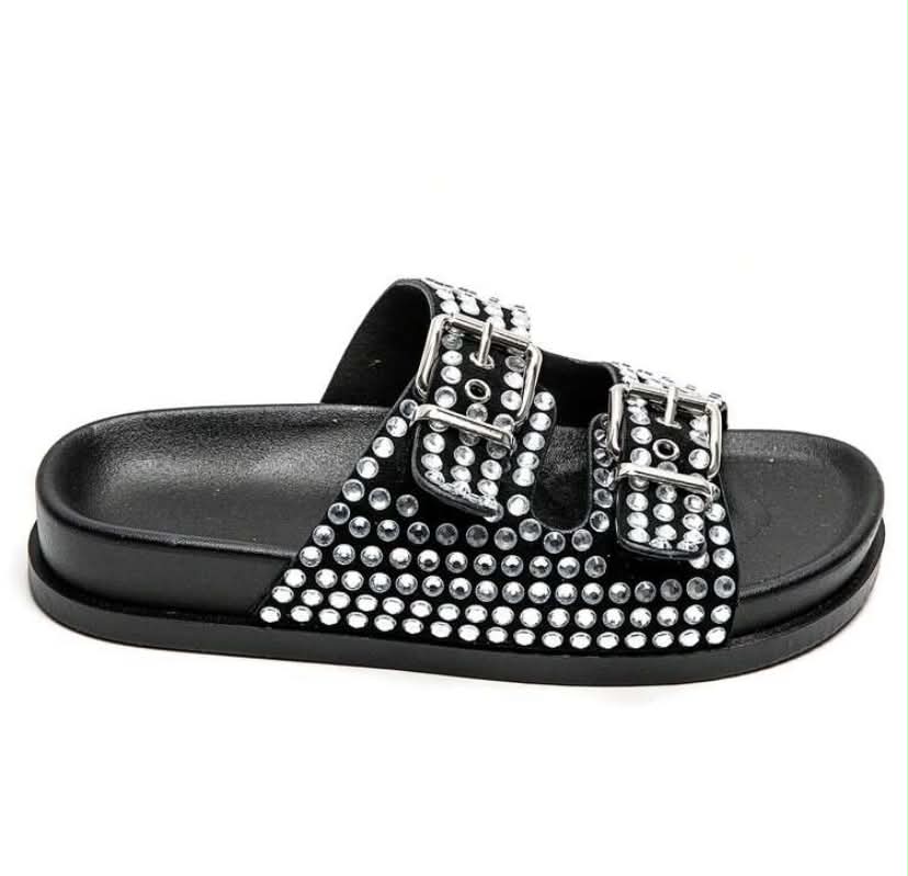 Mules à Strass et Boucles Ajustables – Élégance & Confort Noir