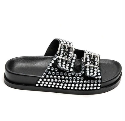 Mules à Strass et Boucles Ajustables – Élégance & Confort Noir