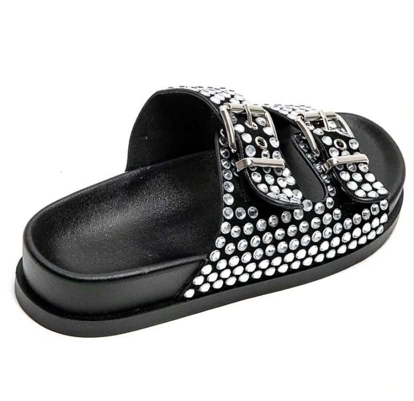 Mules à Strass et Boucles Ajustables – Élégance & Confort Noir