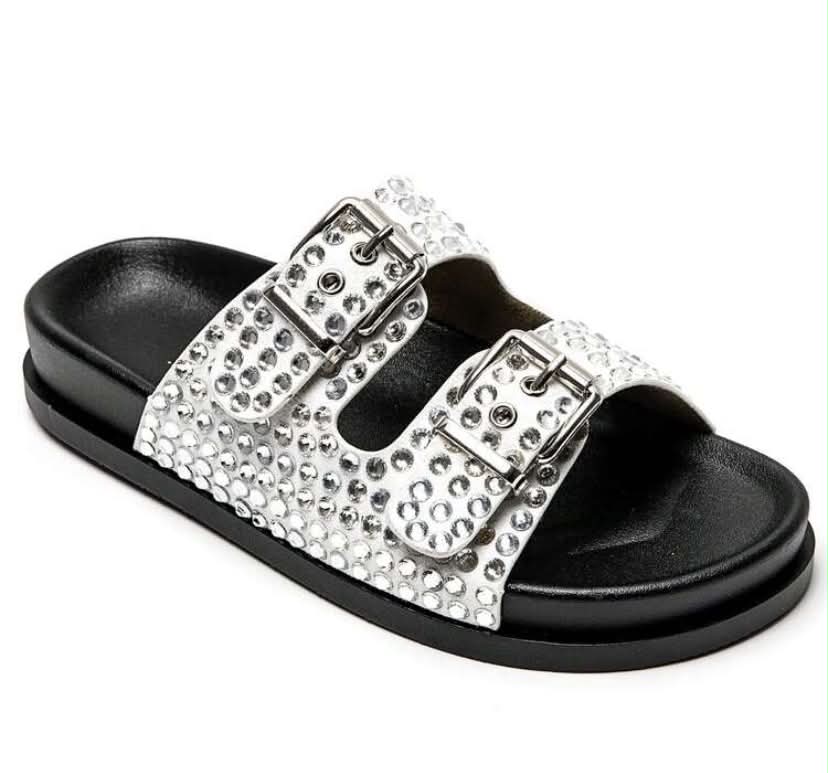 Mules à Strass et Boucles Ajustables – Élégance & Confort Blanc