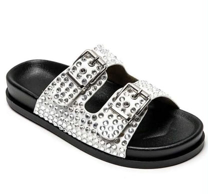 Mules à Strass et Boucles Ajustables – Élégance & Confort Blanc