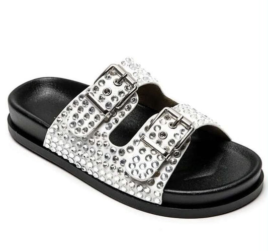 Mules à Strass et Boucles Ajustables – Élégance & Confort Blanc