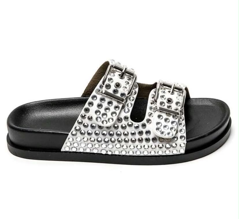 Mules à Strass et Boucles Ajustables – Élégance & Confort Blanc