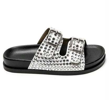 Mules à Strass et Boucles Ajustables – Élégance & Confort Blanc